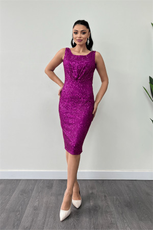 Payet Kumaş Büzgü Detaylı Kalın Askılı Elbise - FUŞYA - Angelino Moda