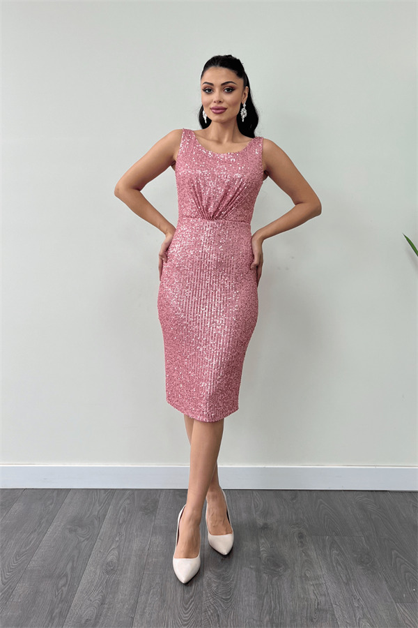 Payet Kumaş Büzgü Detaylı Kalın Askılı Elbise - PUDRA - 1