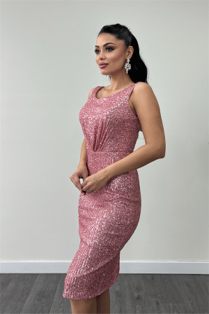 Payet Kumaş Büzgü Detaylı Kalın Askılı Elbise - PUDRA - 3