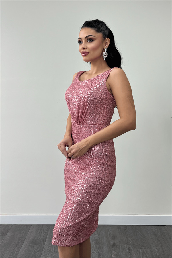 Payet Kumaş Büzgü Detaylı Kalın Askılı Elbise - PUDRA - 3