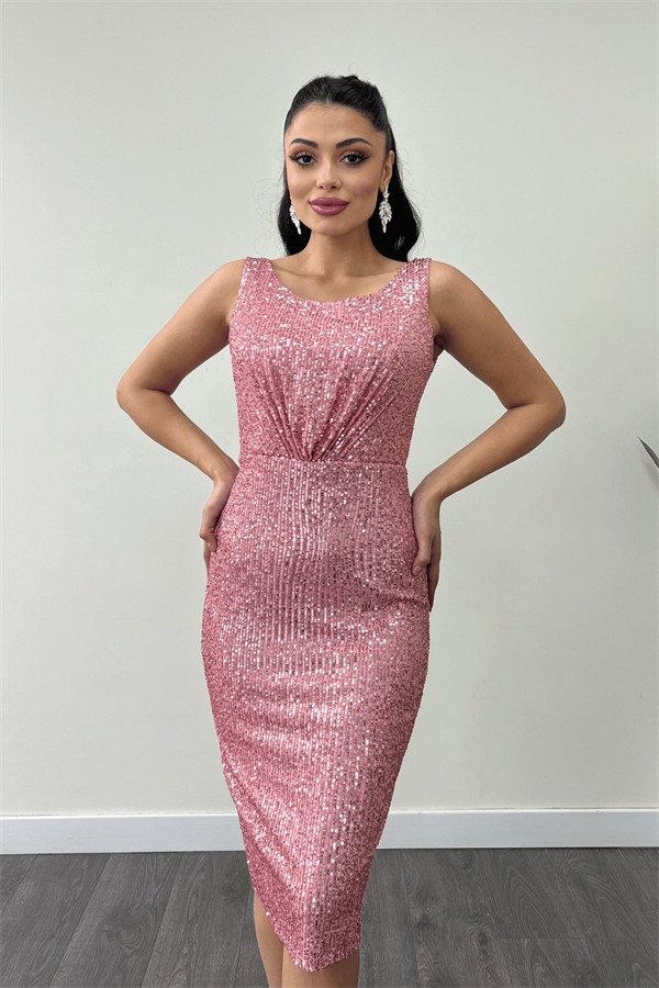 Payet Kumaş Büzgü Detaylı Kalın Askılı Elbise - PUDRA - 4