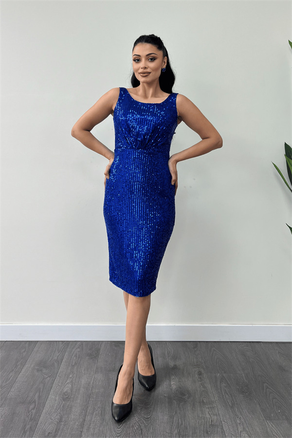 Payet Kumaş Büzgü Detaylı Kalın Askılı Elbise - SAKS MAVİ - 2