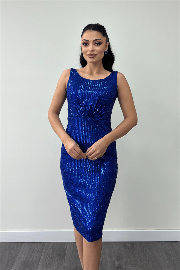 Payet Kumaş Büzgü Detaylı Kalın Askılı Elbise - SAKS MAVİ - 3