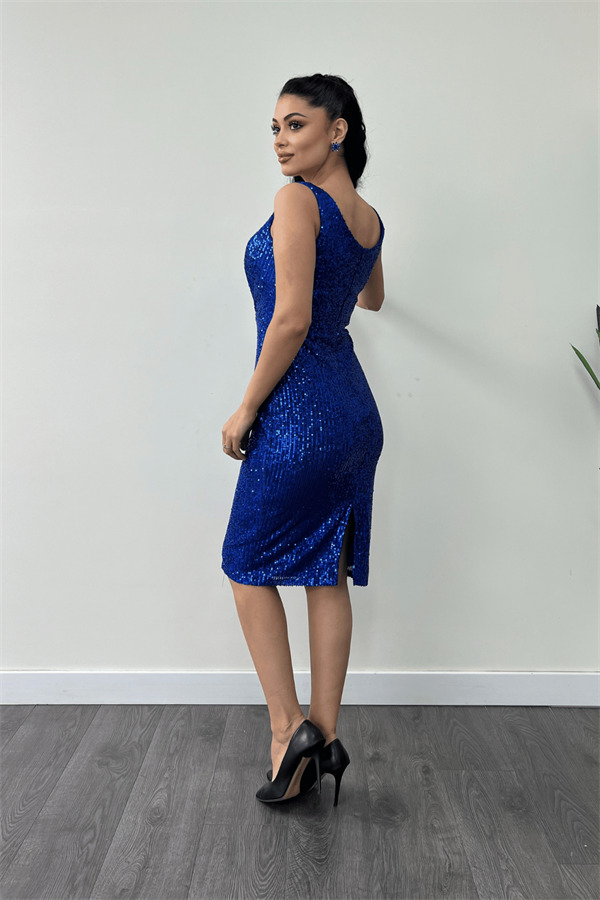 Payet Kumaş Büzgü Detaylı Kalın Askılı Elbise - SAKS MAVİ - 5