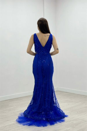 Payet Kumaş Eteği Tül Detaylı Elbise - SAKS MAVİ - 4