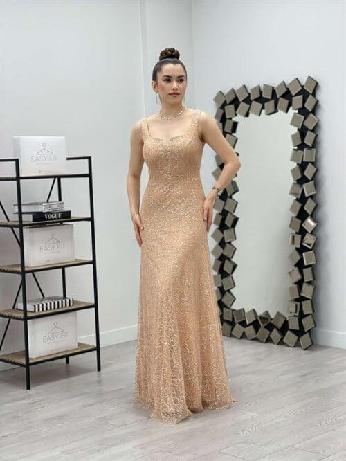 Payet Kumaş Kare Yaka Elbise - GOLD - 1
