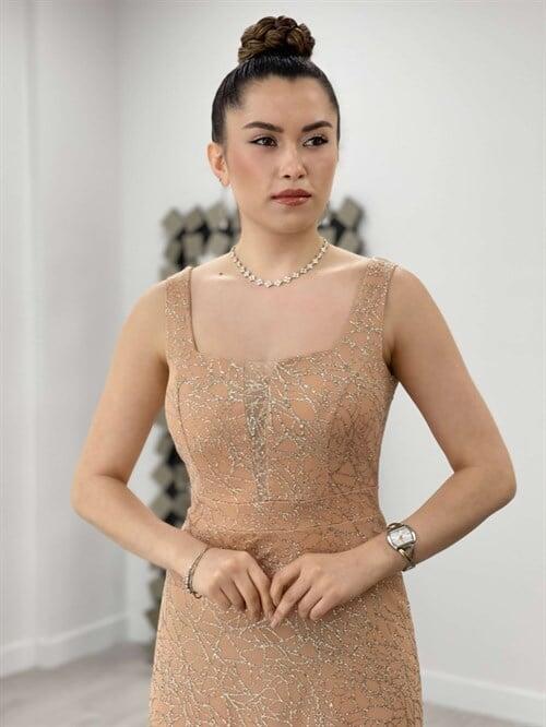 Payet Kumaş Kare Yaka Elbise - GOLD - 3