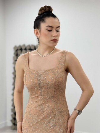 Payet Kumaş Kare Yaka Elbise - GOLD - 4