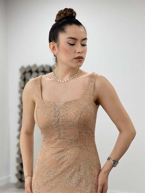Payet Kumaş Kare Yaka Elbise - GOLD - 4