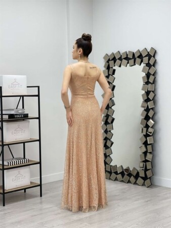 Payet Kumaş Kare Yaka Elbise - GOLD - 5