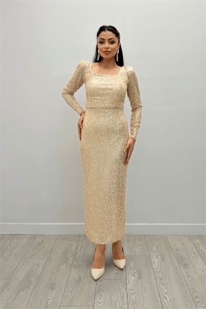 Payet Kumaş Kare Yaka Kalem Elbise - GOLD - Angelino Moda (1)