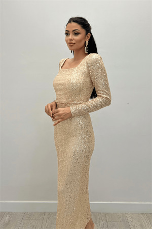 Payet Kumaş Kare Yaka Kalem Elbise - GOLD - 3
