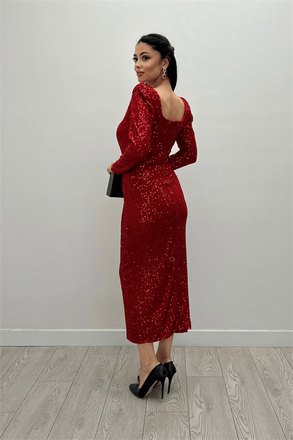 Payet Kumaş Kare Yaka Kalem Elbise - KIRMIZI - 5