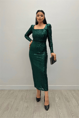 Payet Kumaş Kare Yaka Kalem Elbise - ZÜMRÜT YEŞİL - Angelino Moda (1)