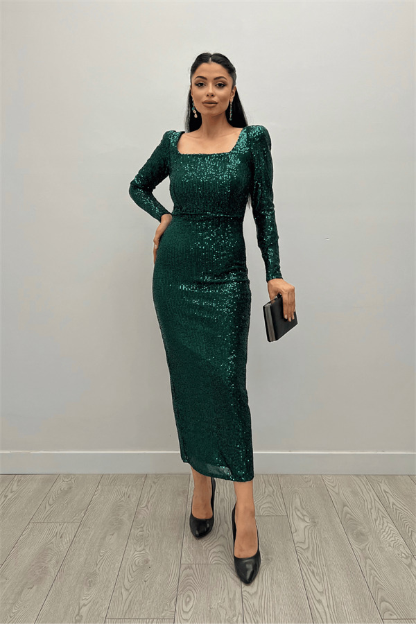 Payet Kumaş Kare Yaka Kalem Elbise - ZÜMRÜT YEŞİL - 2