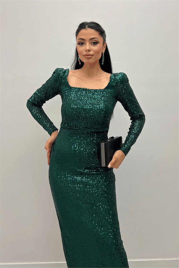 Payet Kumaş Kare Yaka Kalem Elbise - ZÜMRÜT YEŞİL - 3