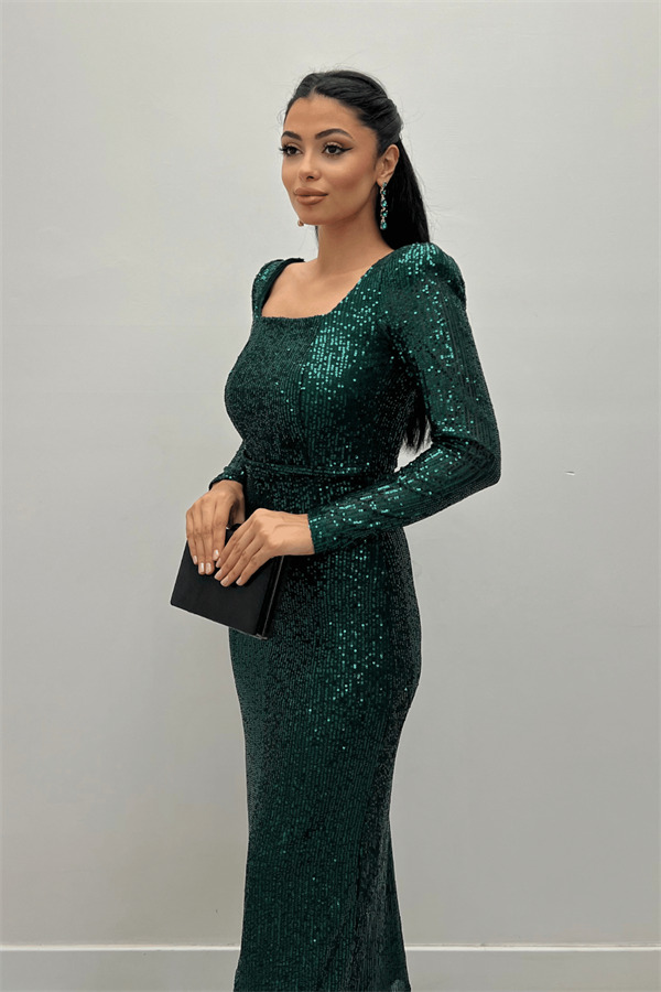 Payet Kumaş Kare Yaka Kalem Elbise - ZÜMRÜT YEŞİL - 4