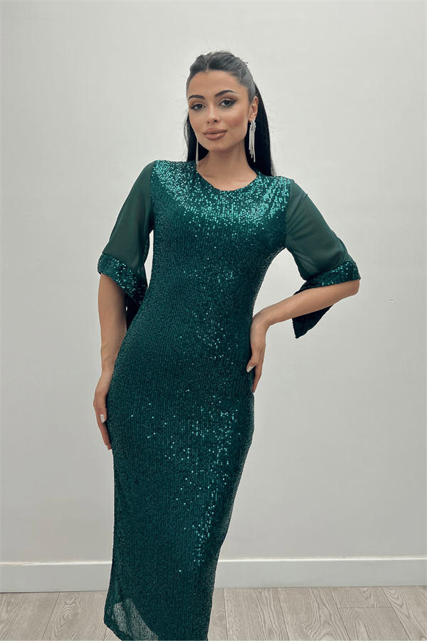 Payet Kumaş Kolları Şifon Kalem Elbise - ZÜMRÜT YEŞİL - 1