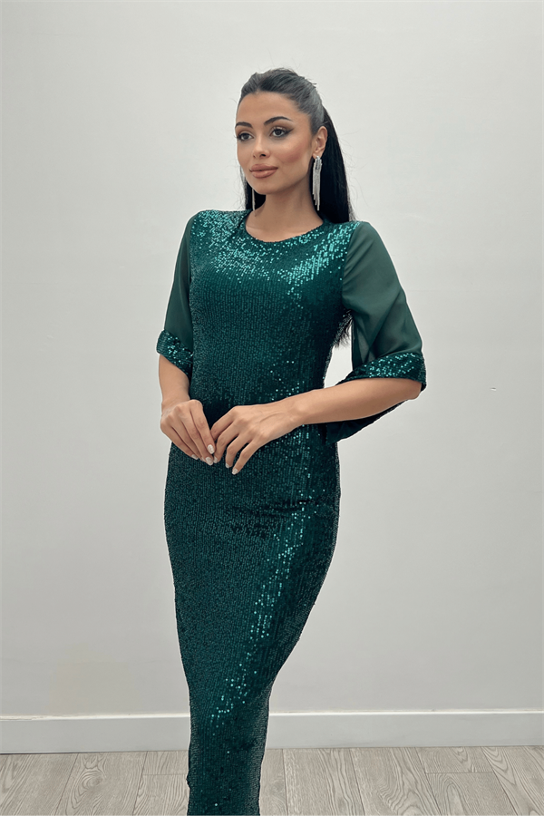 Payet Kumaş Kolları Şifon Kalem Elbise - ZÜMRÜT YEŞİL - 2