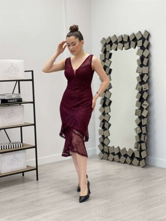 Sequin Fabric Knitted Detailed Ruffle Dress - MAROON - Angelino Moda
