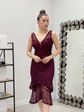 Sequin Fabric Knitted Detailed Ruffle Dress - MAROON - Angelino Moda (1)