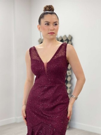 Payet Kumaş Örme Detaylı Volanlı Elbise - BORDO - 3