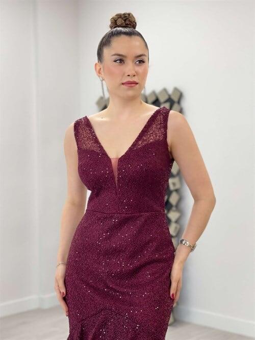 Payet Kumaş Örme Detaylı Volanlı Elbise - BORDO - 3