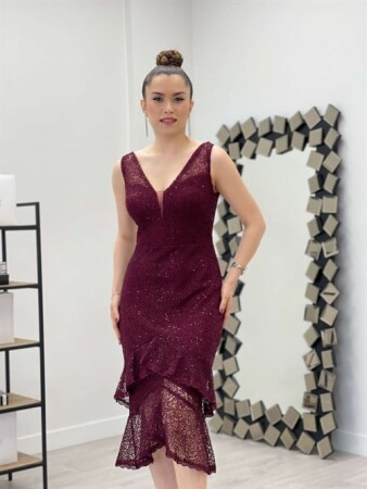 Payet Kumaş Örme Detaylı Volanlı Elbise - BORDO - 4