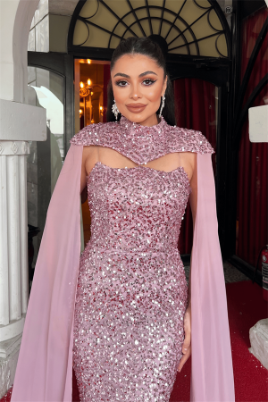 Payet Kumaş Pelerin Detaylı Abiye Elbise - PUDRA - 3