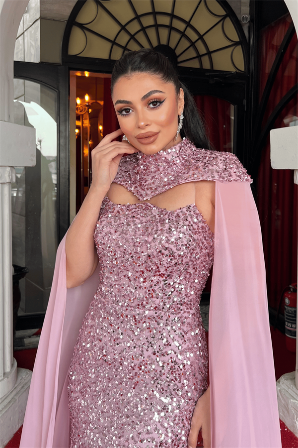 Payet Kumaş Pelerin Detaylı Abiye Elbise - PUDRA - 4
