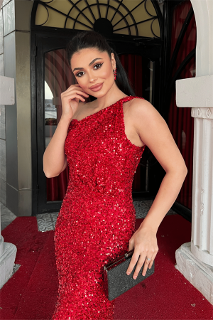 Payet Kumaş Tasarım Balık Elbise - KIRMIZI - 3