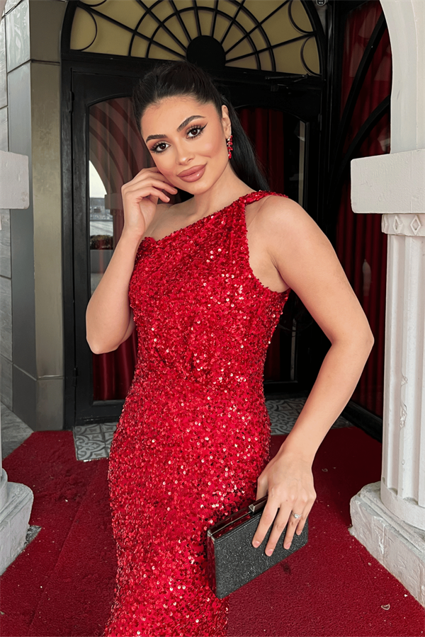 Payet Kumaş Tasarım Balık Elbise - KIRMIZI - 3