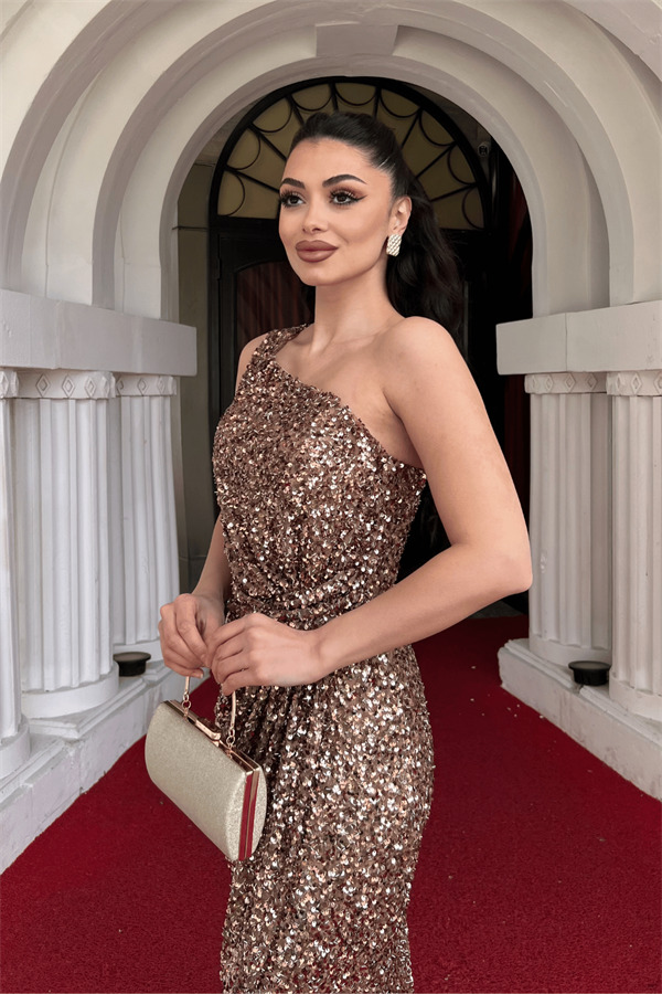 Payet Kumaş Tek Kol Kalem Elbise - BRONZ - 3