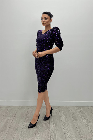 Sequin Fabric V-Neck Dress - PURPLE - Angelino Moda (1)