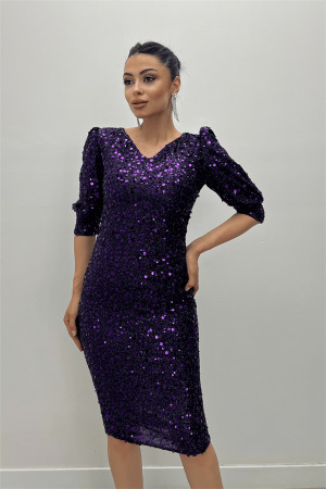 Payet Kumaş V Yaka Elbise - MOR - 4