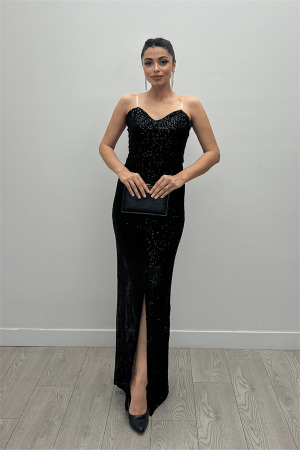 Payet Kumaş Yırtmaçlı Balık Elbise - SİYAH - Angelino Moda