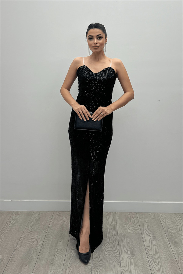 Payet Kumaş Yırtmaçlı Balık Elbise - SİYAH - 1