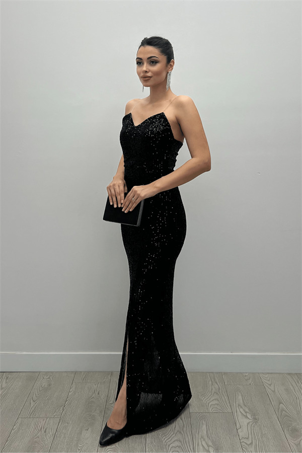 Payet Kumaş Yırtmaçlı Balık Elbise - SİYAH - 2