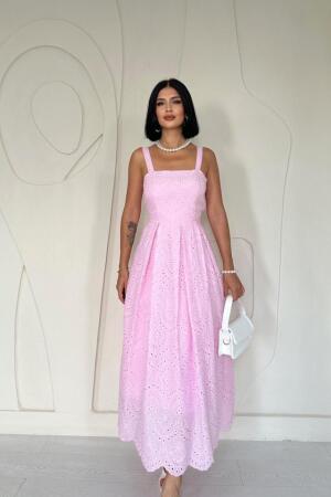 Pembe Askılı Aparatlı Brode Elbise - 1