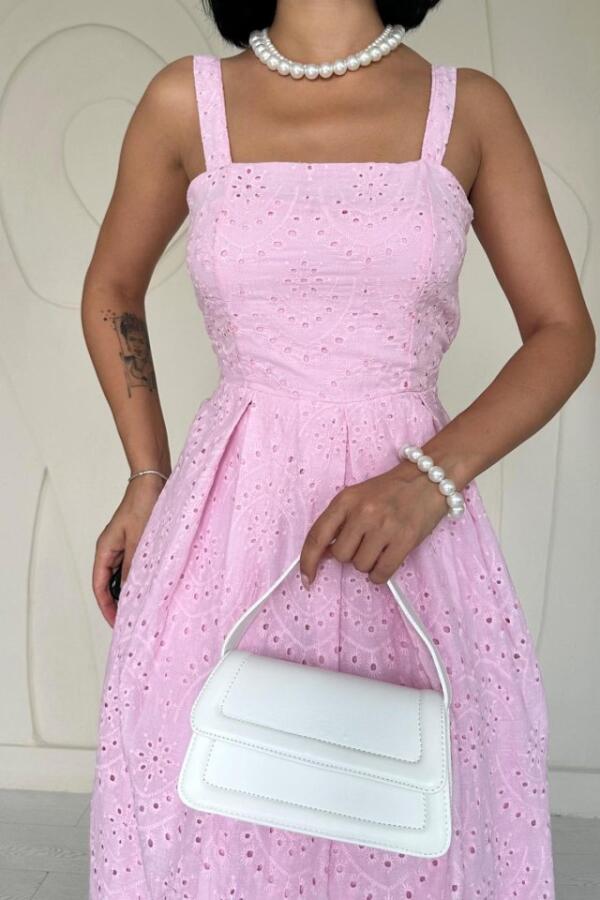 Pembe Askılı Aparatlı Brode Elbise - 3