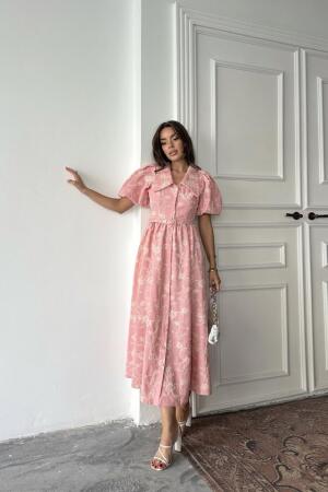 Pembe Bebe Yaka Balon Kollu Elbise - 2