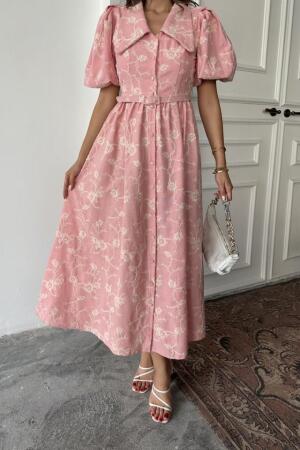Pembe Bebe Yaka Balon Kollu Elbise - 4
