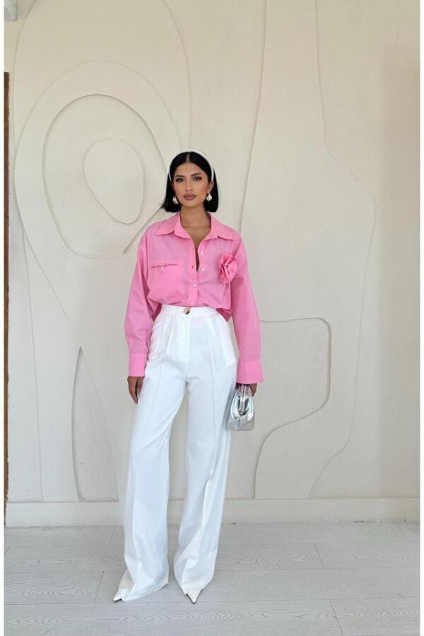 Pembe Fleto Cepli Poplin Gömlek - 1