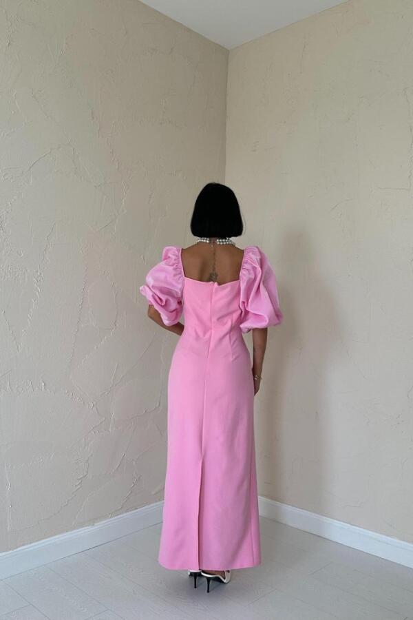 Pembe İşlemeli Kolu Garnili Elbise - 4