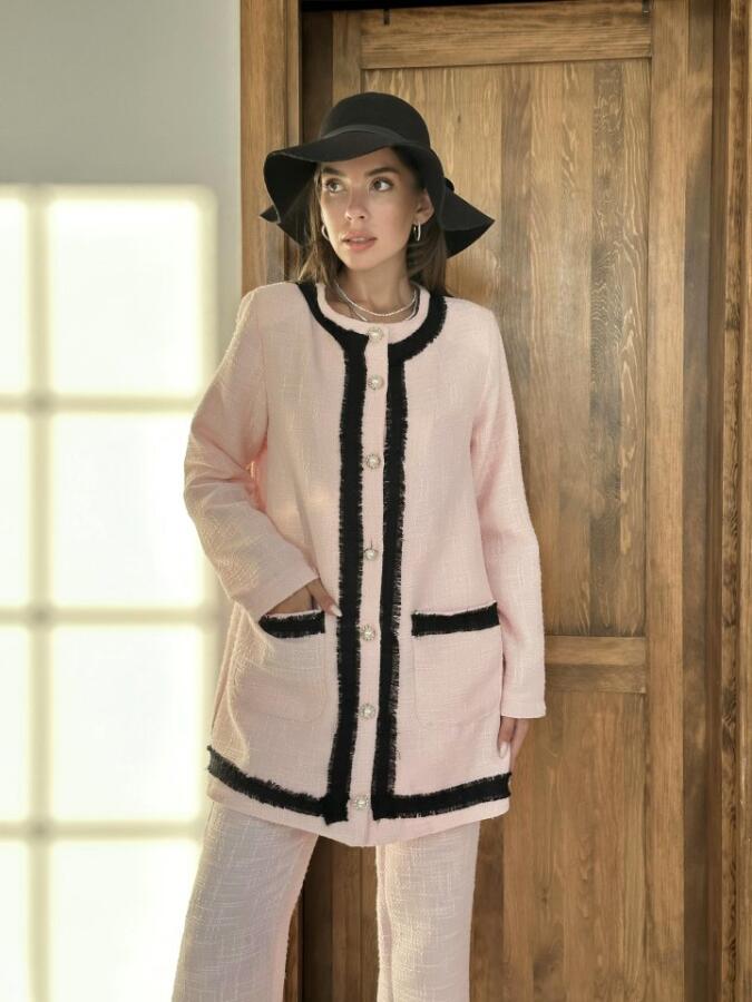 Pembe Siyah Şeritli Yakasız Ceket Ve Pantolon Takım - 3