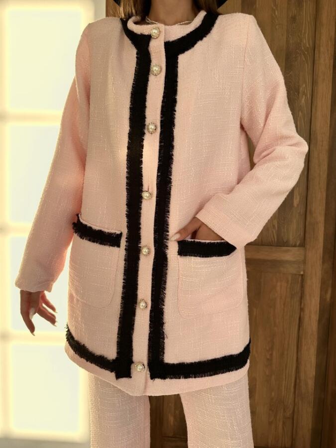 Pembe Siyah Şeritli Yakasız Ceket Ve Pantolon Takım - 4