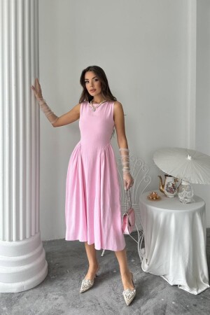 Pembe Yanları Büzgülü Midi Boy Keten Elbise - 1