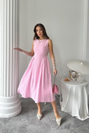 Pembe Yanları Büzgülü Midi Boy Keten Elbise - 2
