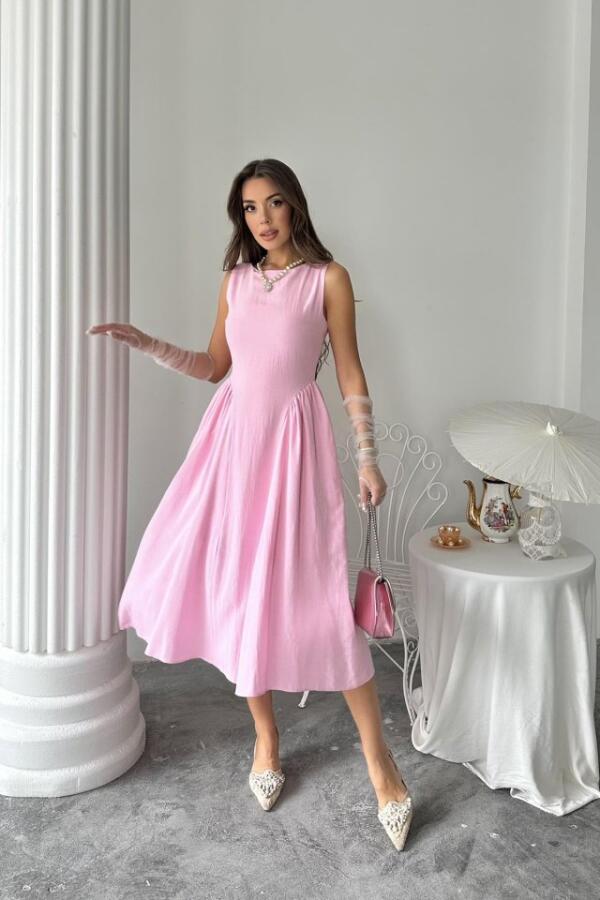 Pembe Yanları Büzgülü Midi Boy Keten Elbise - 2
