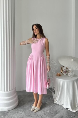 Pembe Yanları Büzgülü Midi Boy Keten Elbise - 3